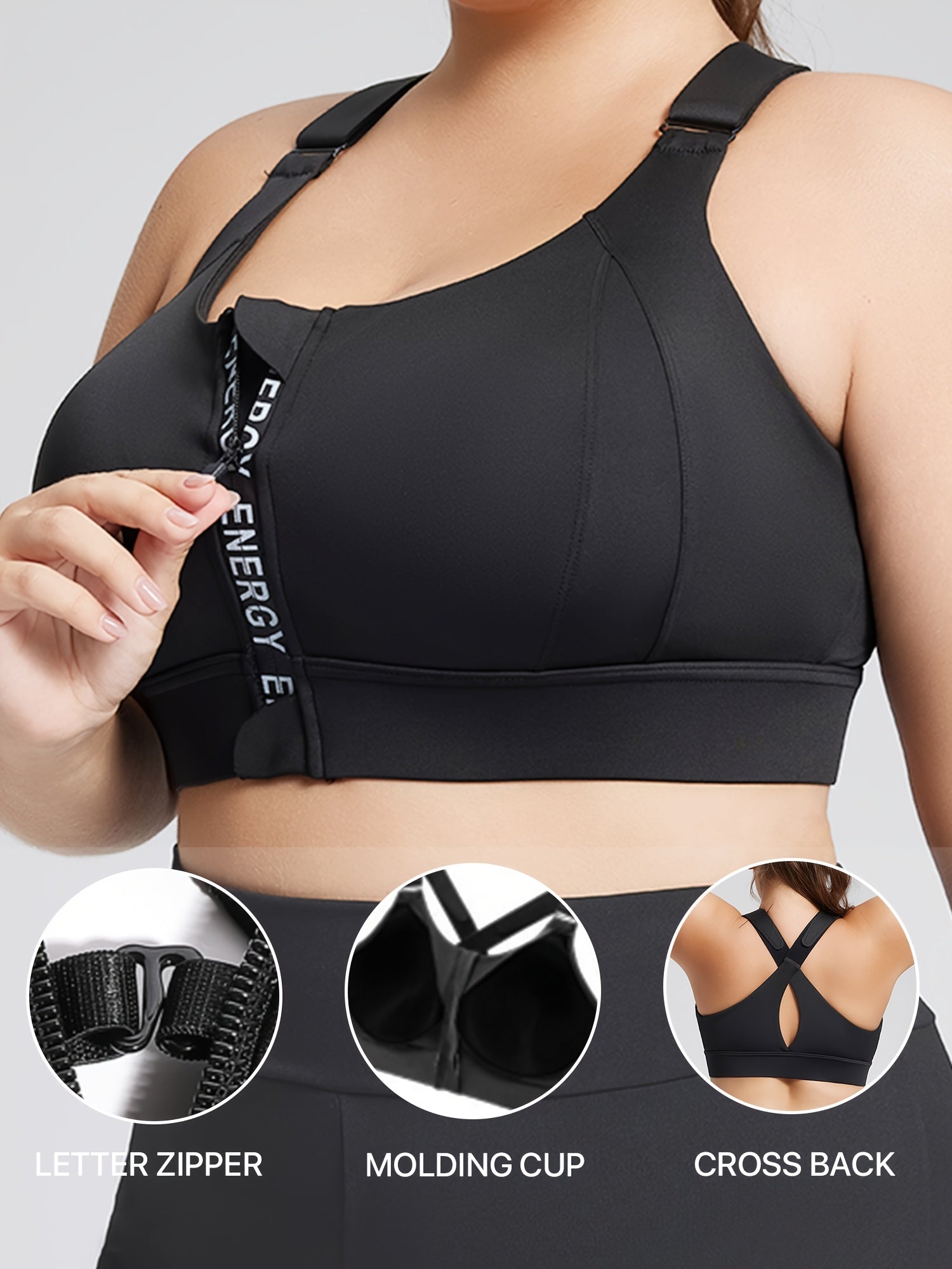 Plus Size High-Impact Sports Bra with Zipper Cross-Back Molded Cups