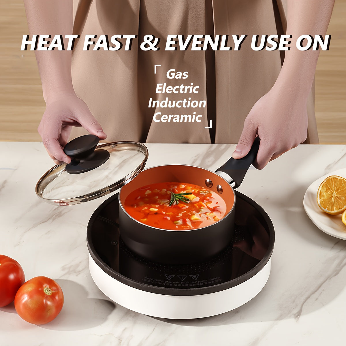 Set of 6 Nonstick Ceramic Cookware with Lids, Copper Aluminum, Induction Compatible