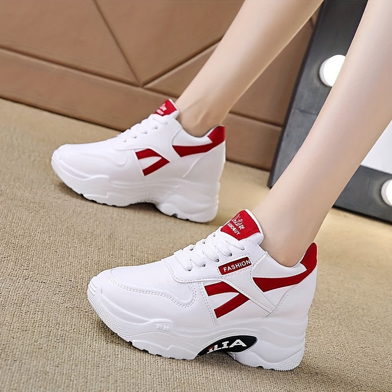Women's Casual Sneakers White Red Accents Thick 8cm Sole Lace-Up Chunky Rubber