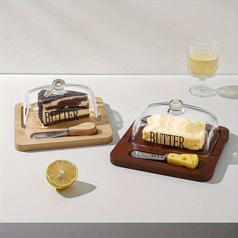 Glass Cover Box with Knife for Cheese Butter Sandwich Cake Dessert