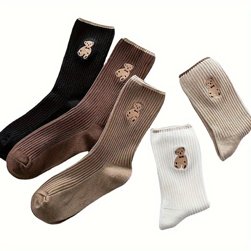 Women's Cartoon Bear Embroidered Crew Socks 5 Pairs Breathable Polyester Spandex