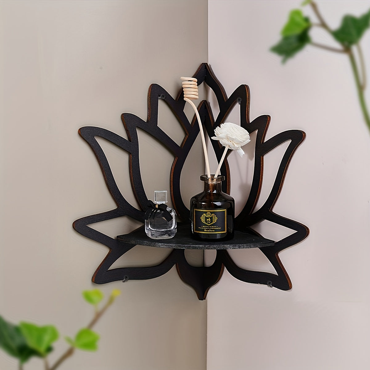 Black Wooden Wall Shelf in Lotus and Butterfly Shape for Candle Display
