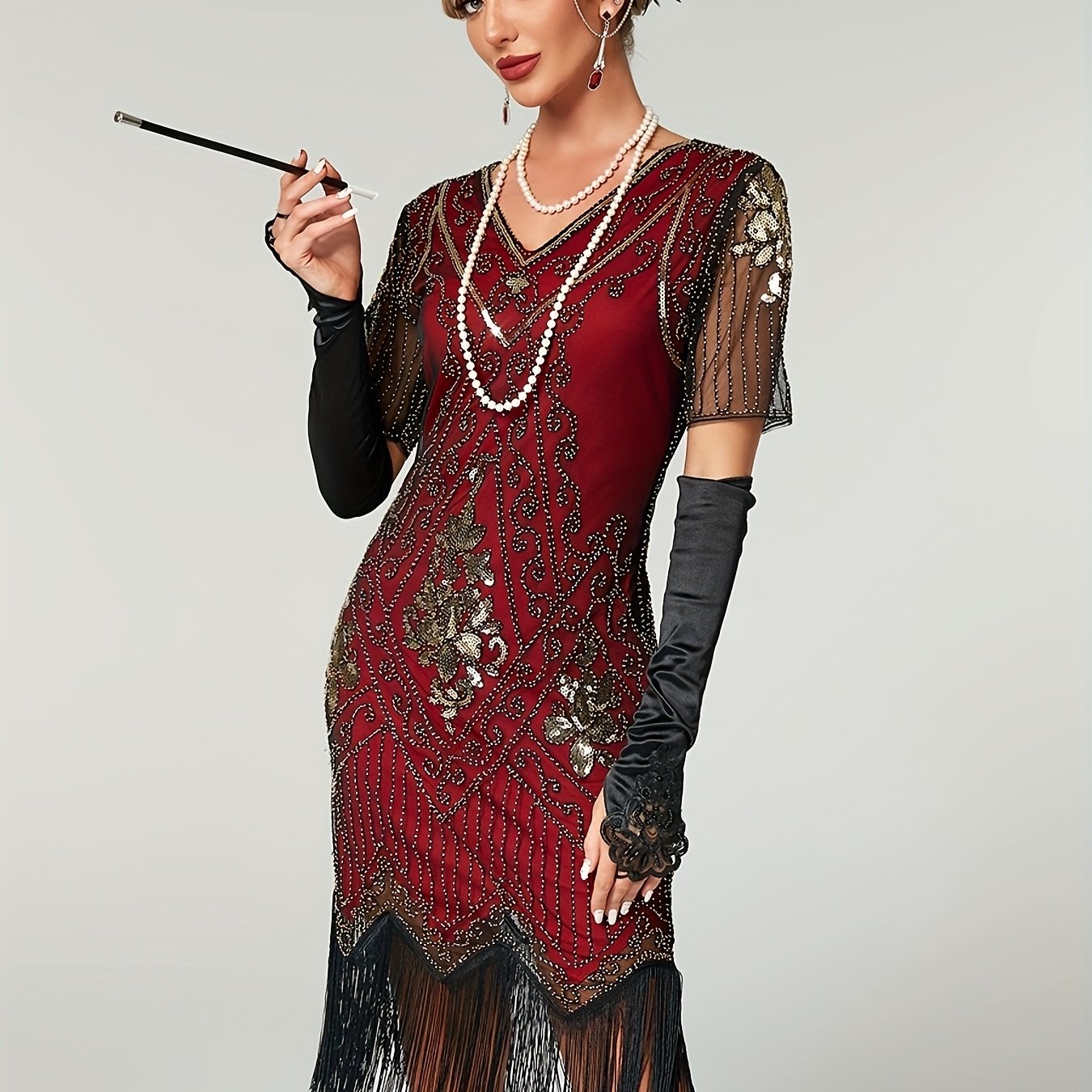 Women's Sequin Flapper Dress Gatsby Style Short Sleeve Party Gown