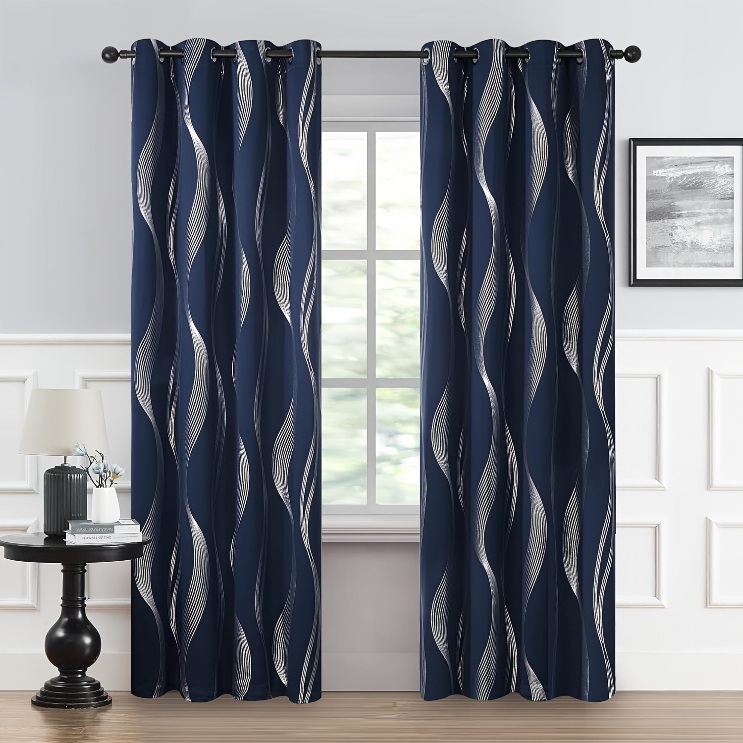 Contemporary Blackout Curtains 2 Pieces Woven Polyester Grommet Top Room Darkening