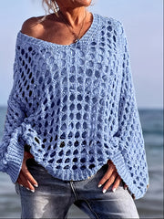 Plus Size Women's Blue Lace V-Neck Sweater Openwork Lightweight Summer Resort Wear