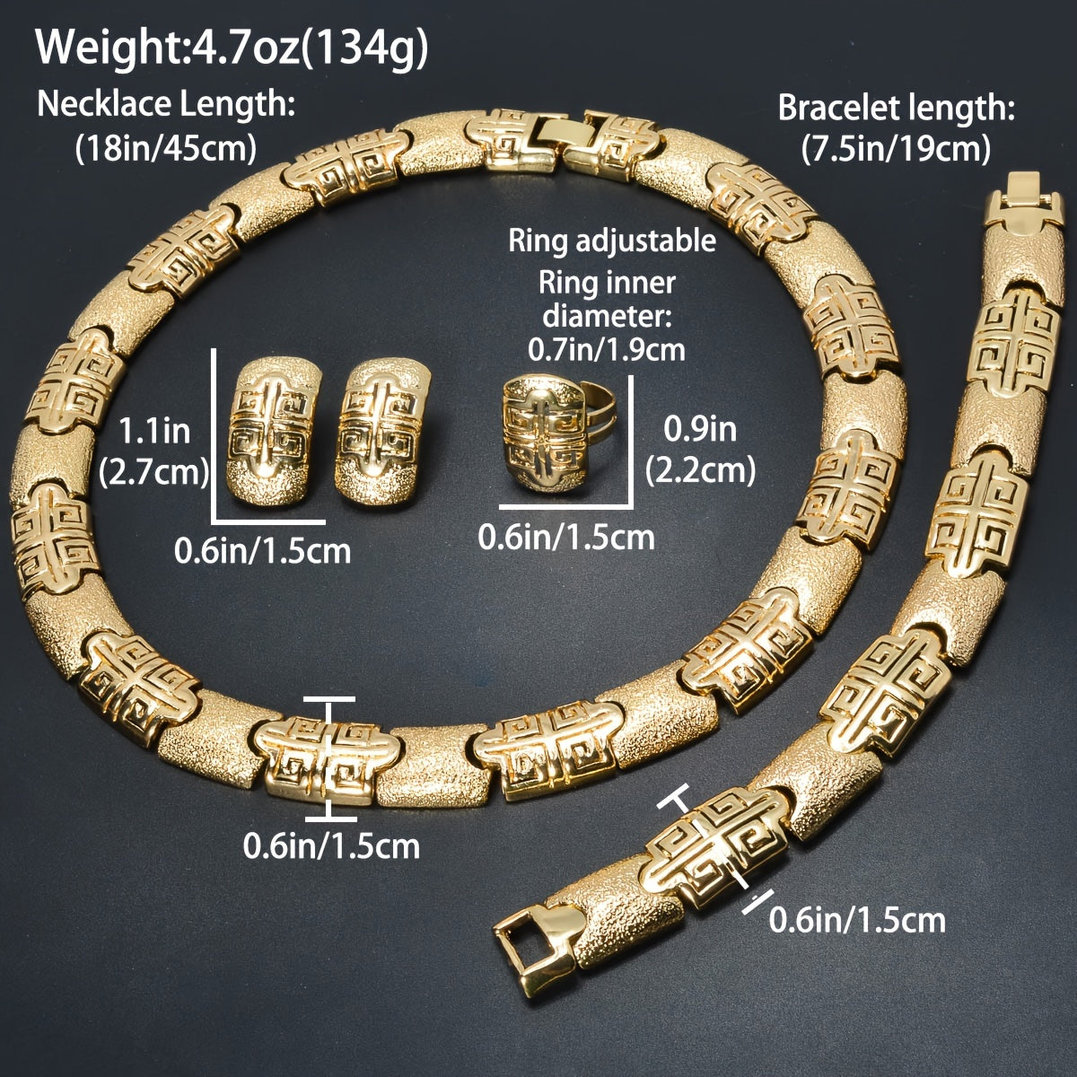 Women's Copper Jewelry Set with Necklace Bracelet Ring and Earrings Gold Textured Frosted Design