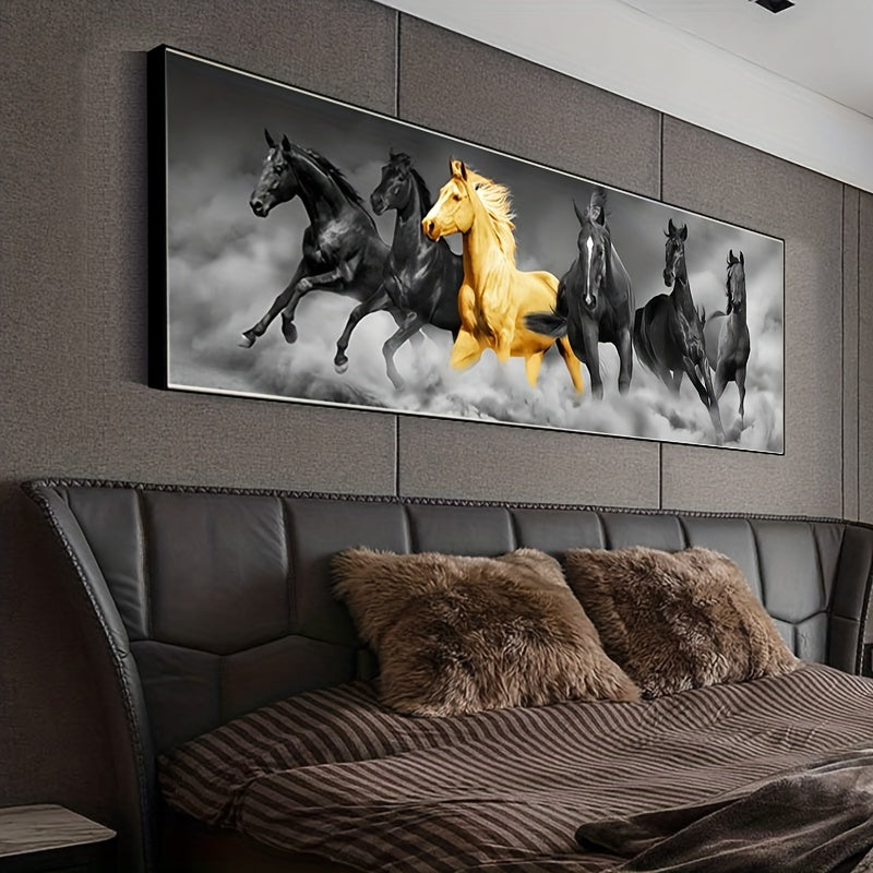 Golden Six Running Horses Canvas Wall Art for Animal Lovers and Home Decor