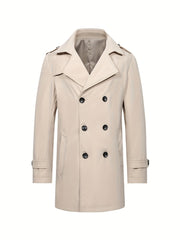 Erkaklar uchun o'rtacha uzunlikdagi ikki qatorli dizayndagi trench palto, mustahkam rangda, biznes va norasmiy kiyimlar uchun ideal.