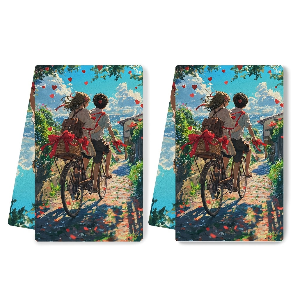 Set of 2 Ultra-Soft Kitchen Towels with Anime Couple Bicycle Design