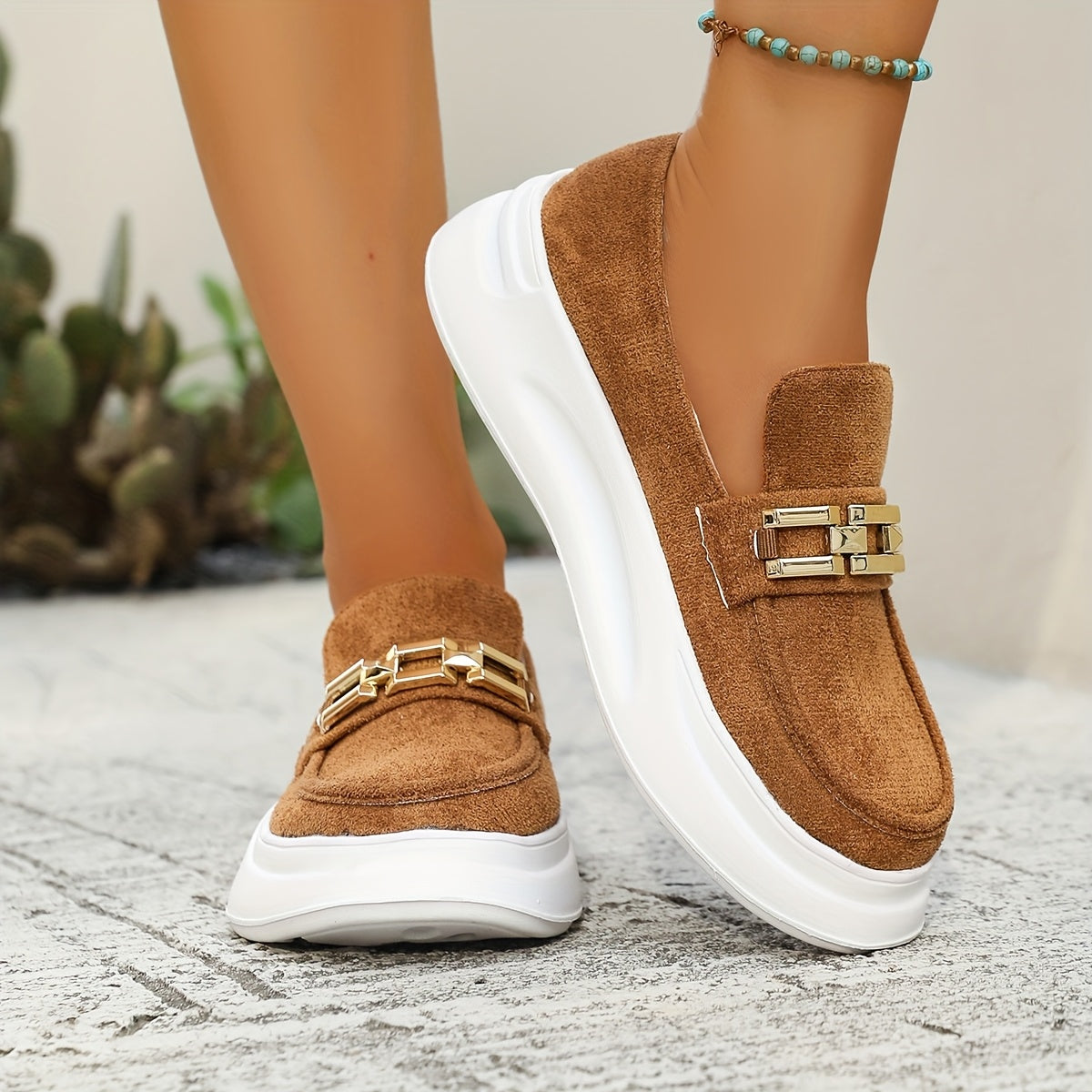 Women's Slip-On Platform Shoes Beige Cushioned Sole Casual Office Slip-Ons