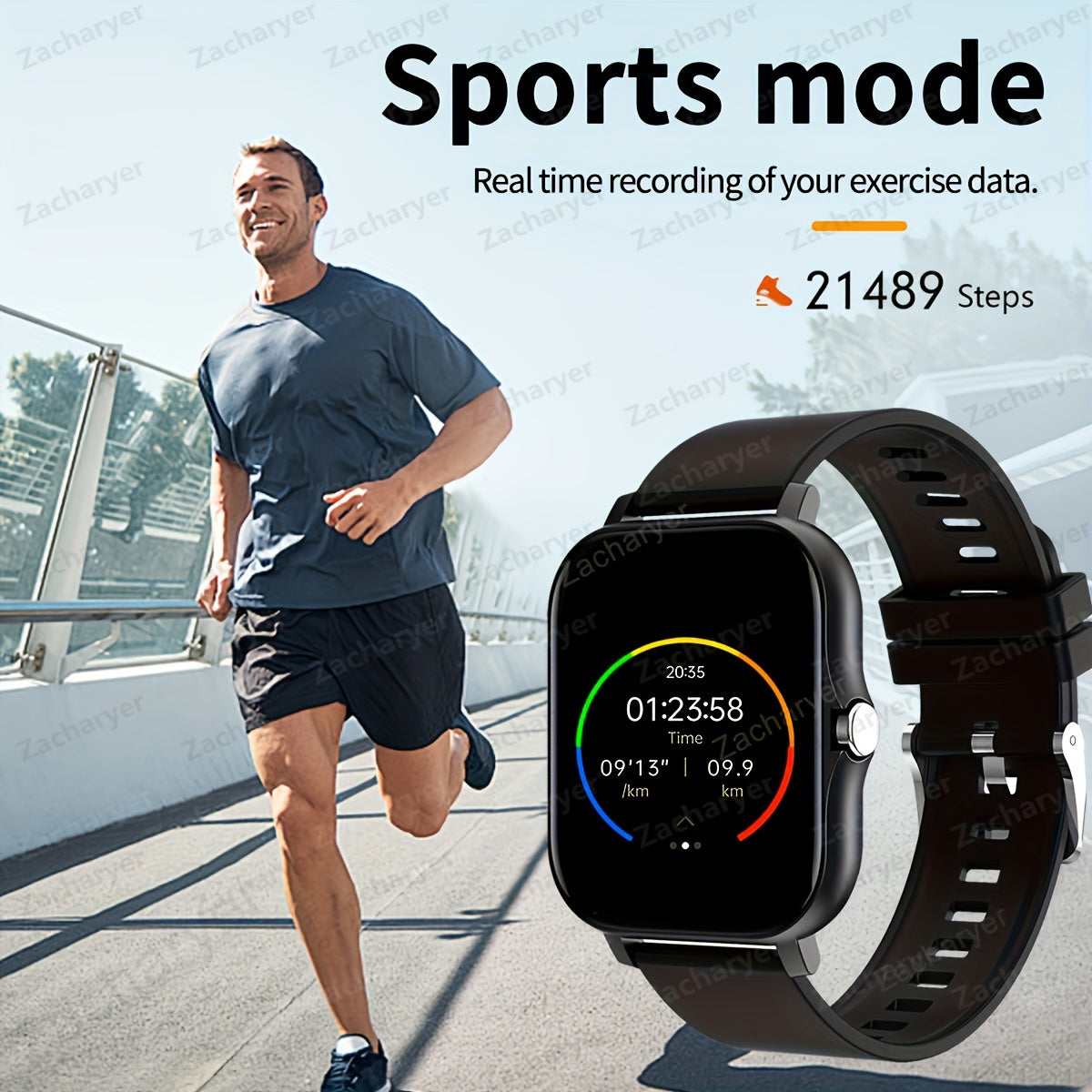 Full-Screen Touch Smartwatch with Call Alerts Sports Modes Compatible with Android and iPhone Square Silicone Band