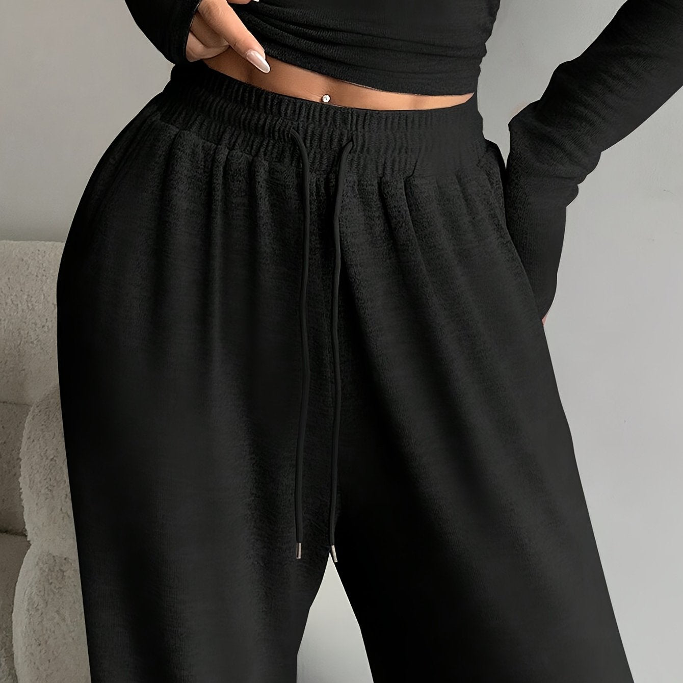 Women's High-Waist Drawstring Wide Leg Pants Solid Color Spring Fall Casual