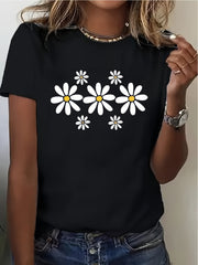 Women's Black Daisy Floral Print Short Sleeve T-Shirt Casual Summer Top