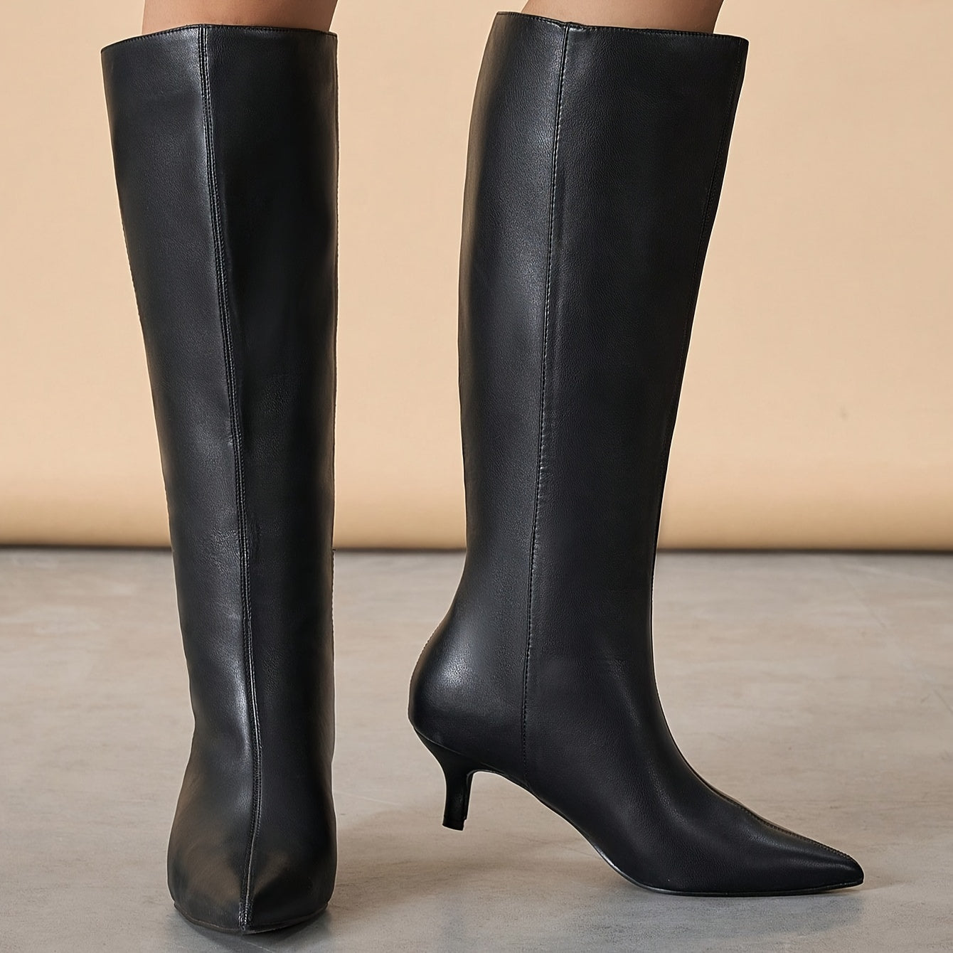 Women's Black PU Mid-Calf Boots with Pointed Toe and Kitten Heel