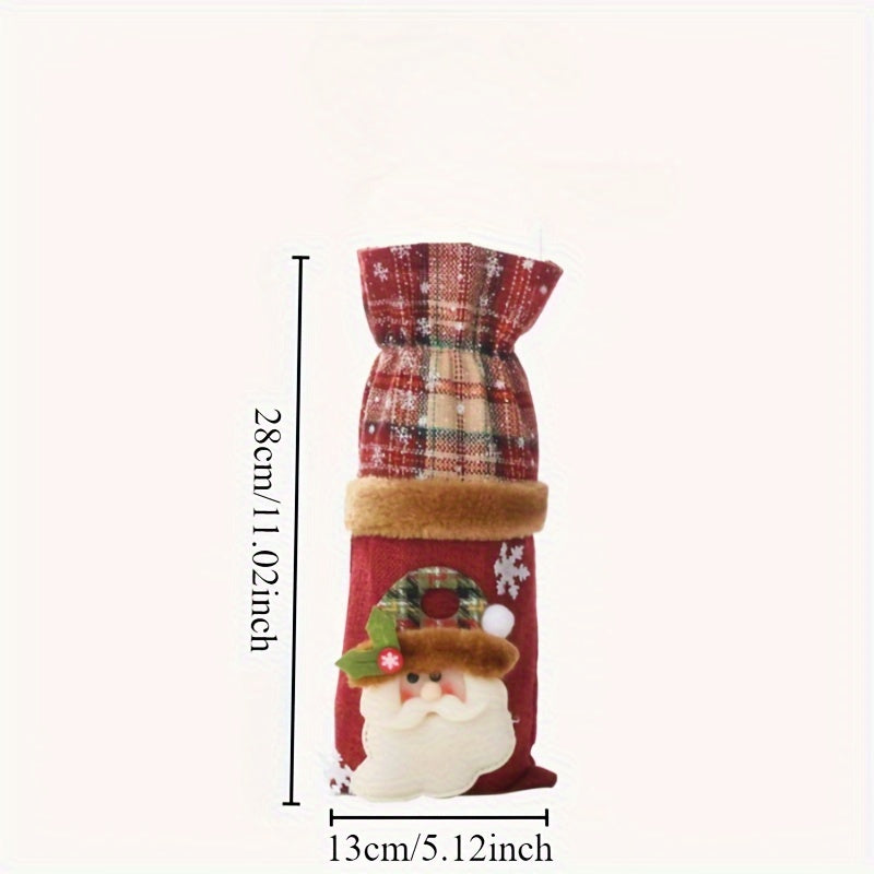 Set of 3 Christmas Wine Bottle Covers Plaid Linen Santa Reindeer Hand Washable Canvas Bags