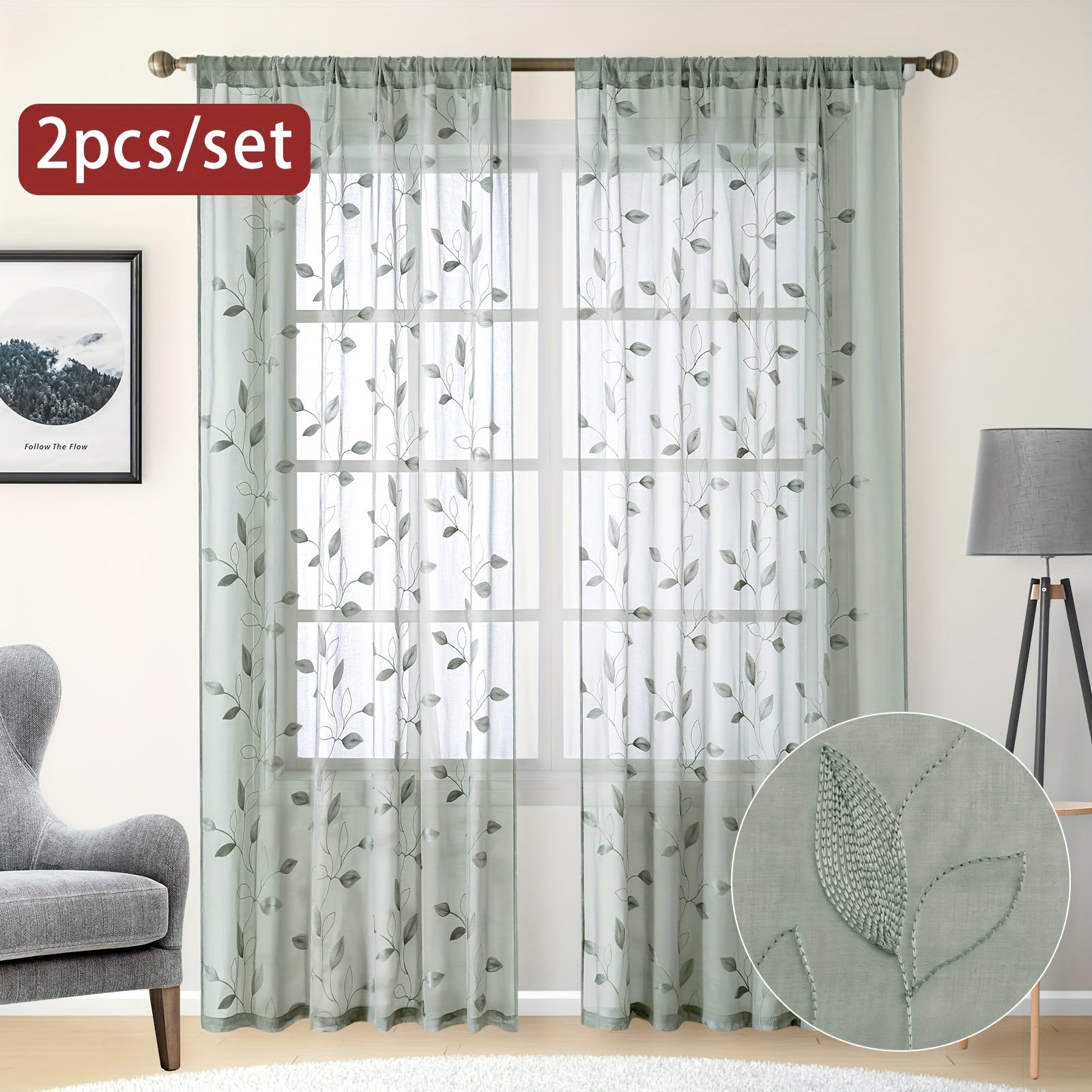 Two Pieces Sheer Curtains with Embroidered Leaf Pattern, Rod Pocket, Polyester, for Bedroom Living Room Kitchen