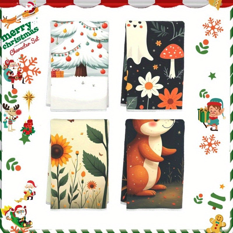 Set of 4 Winter Holiday Kitchen Towels 45x66 cm Snowmen Snowflakes Deer