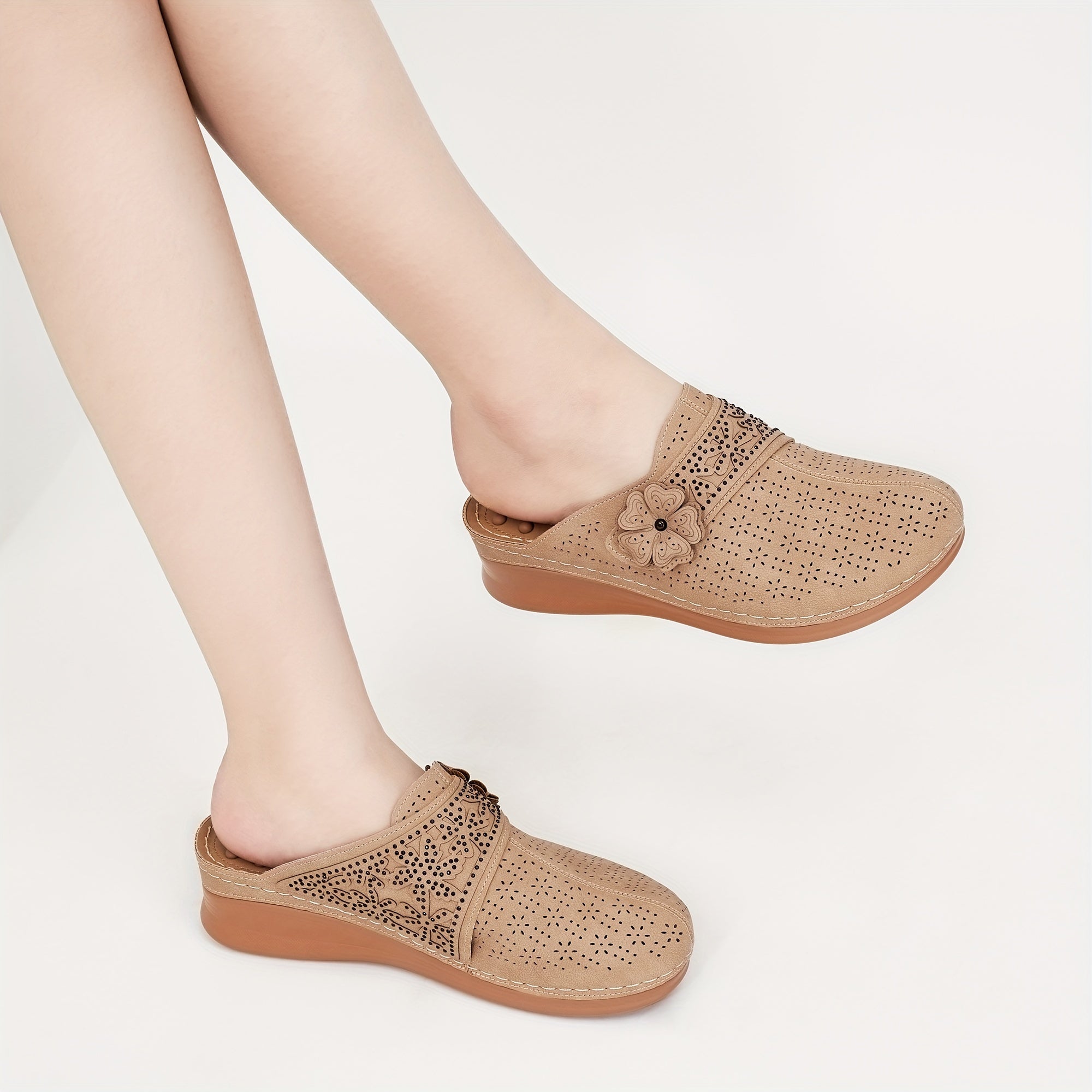 Women's Breathable Faux Leather Slip-On Mules with Floral Bow Beige Casual Shoes