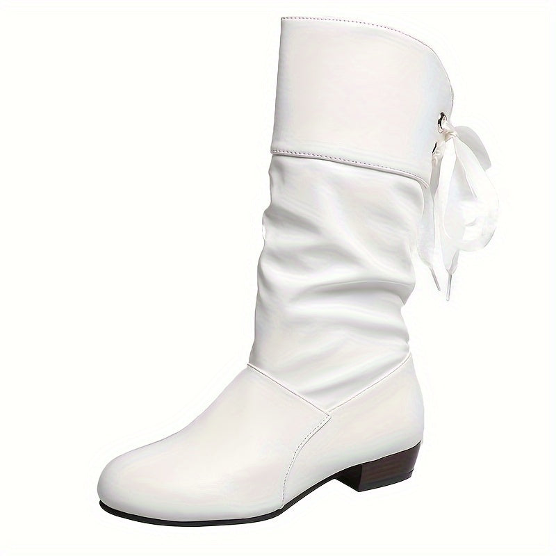 Women's Ribbon Tie Mid-Calf Wedge Boots Casual Slouchy Solid Color