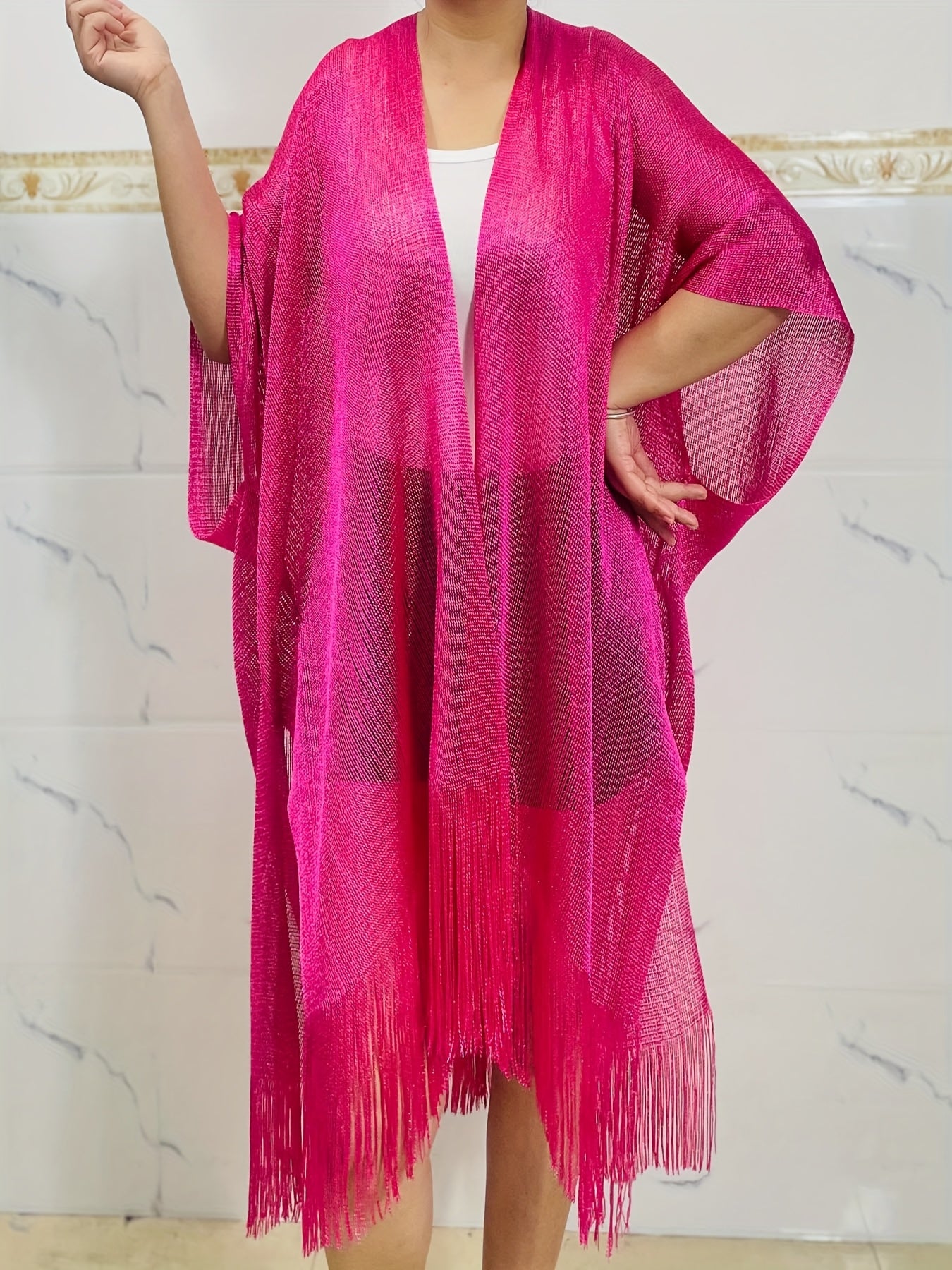 Chal de mujer de talla grande con flecos rosa, ligero, para verano y playa