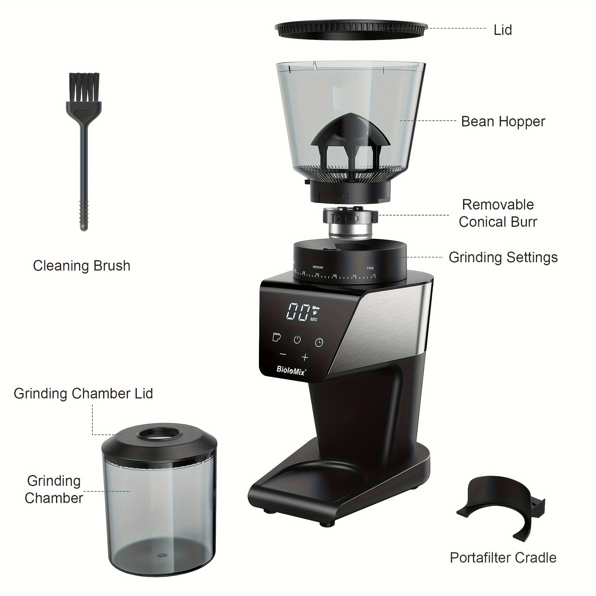 Electric Coffee Bean Grinder Conical Burr 300W Digital Timer 30 Settings