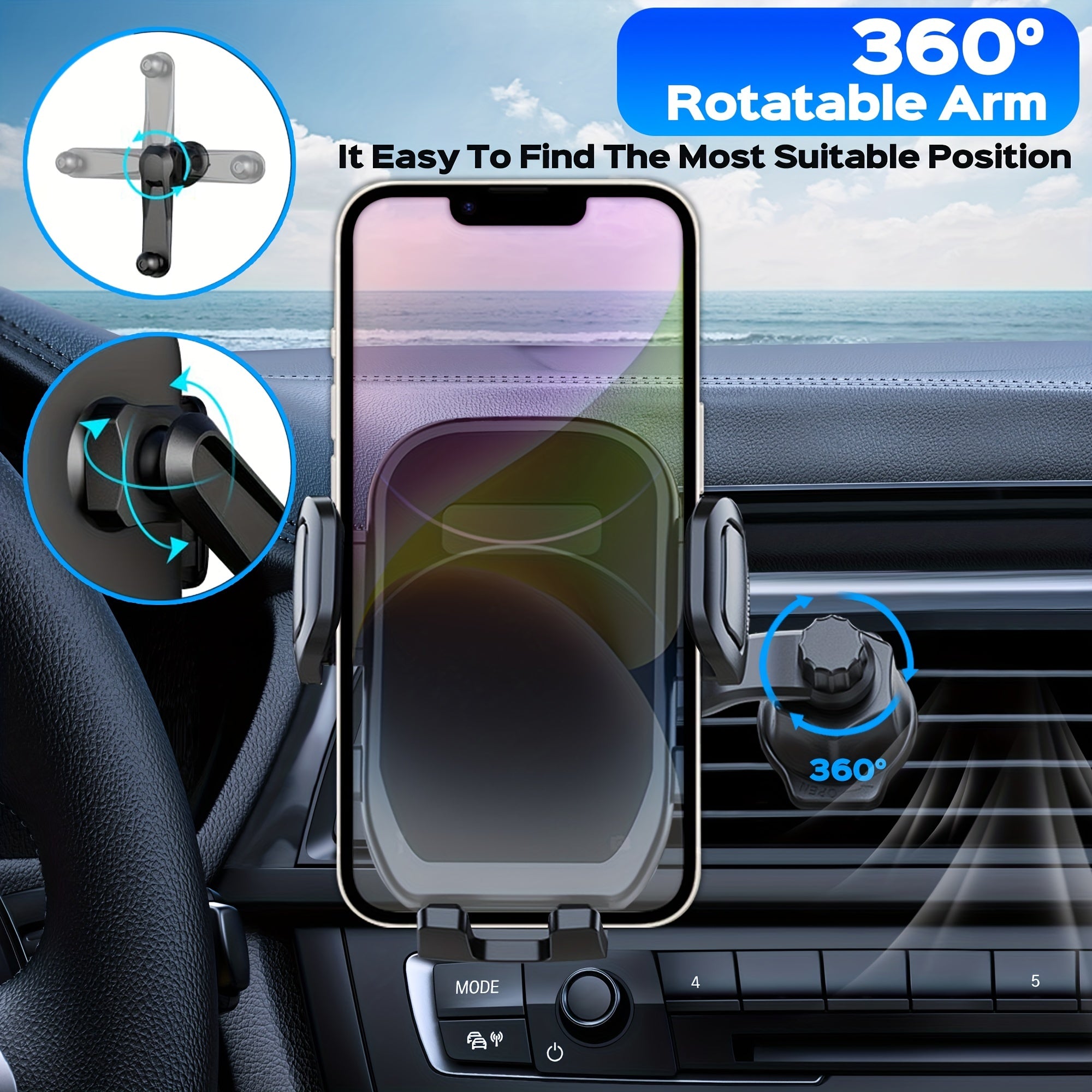 Soporte universal para teléfono de coche con brazo oscilante para compatibilidad con rejillas de ventilación