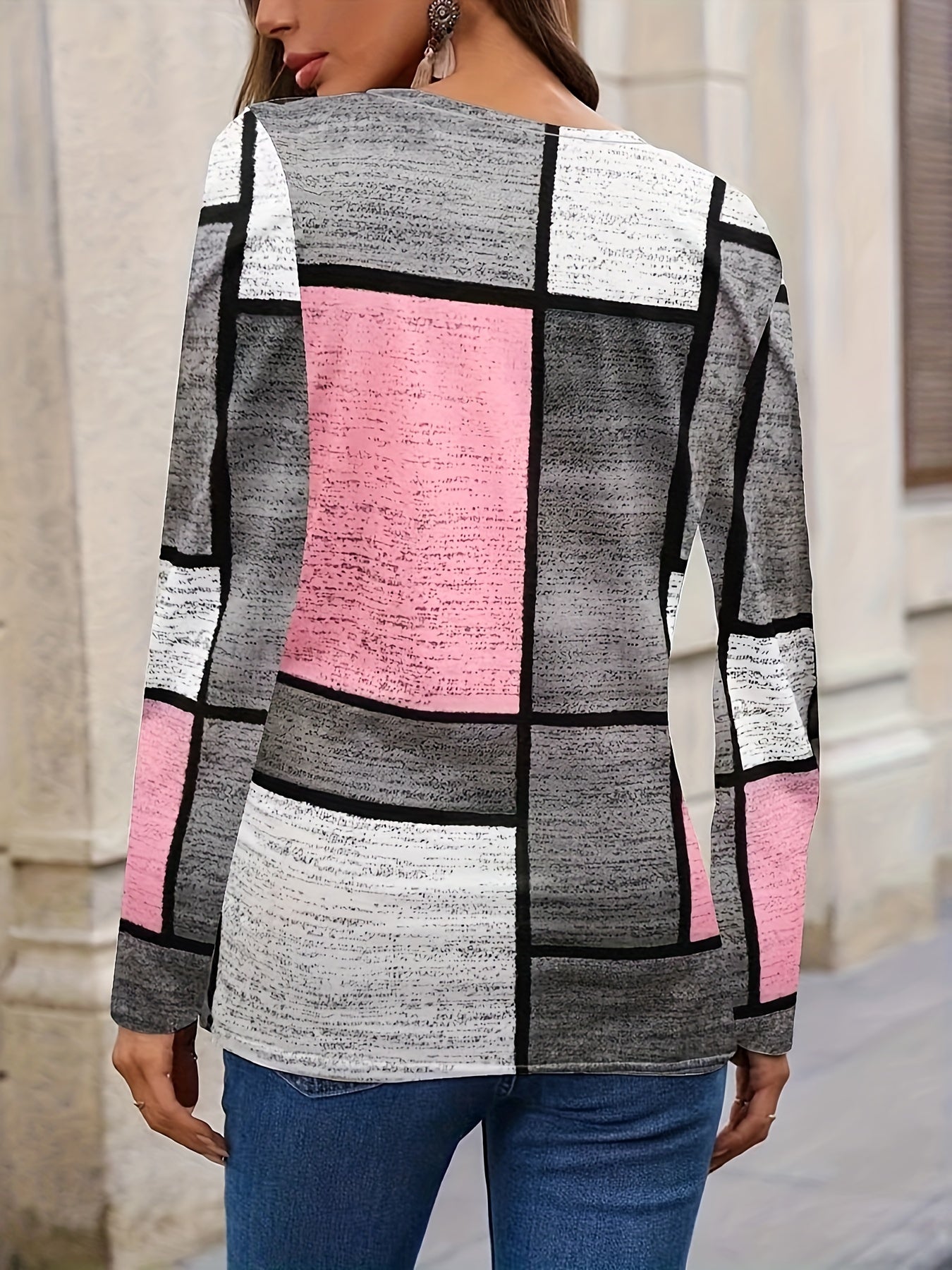 Plus Size Women's V-Neck Button-Front T-Shirt Long Sleeve Casual Tie-Dye Top