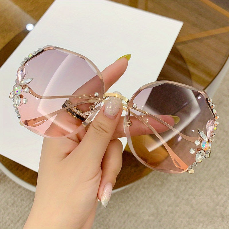 Women's Rimless Sunglasses with Rhinestones, Round Gradient Lens for Summer Beach Travel