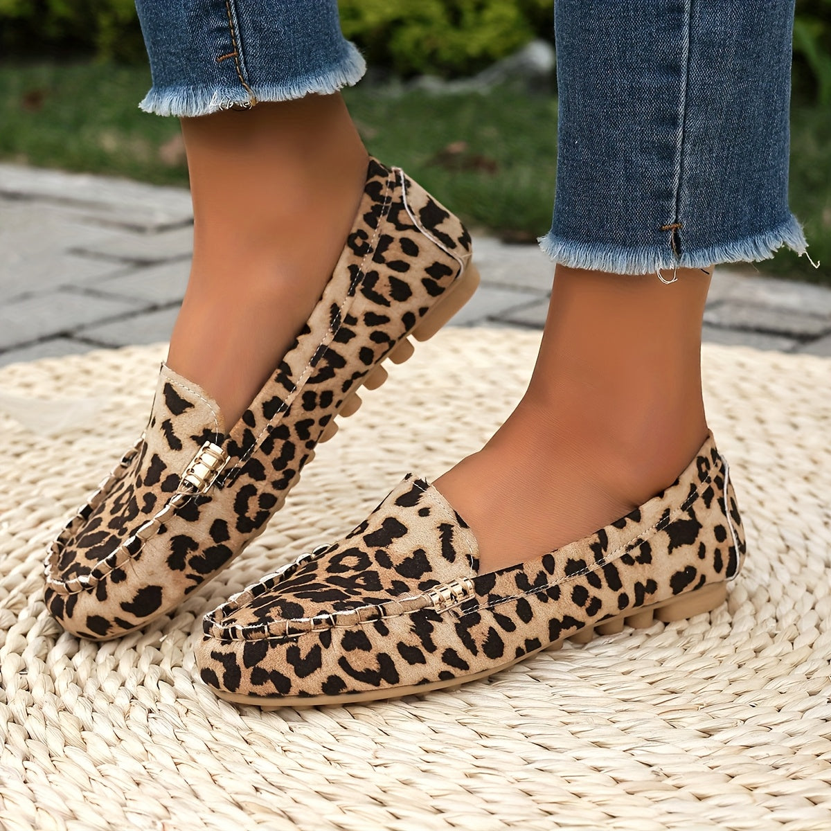 Women's Leopard Print Slip-On Loafers with Metallic Accents