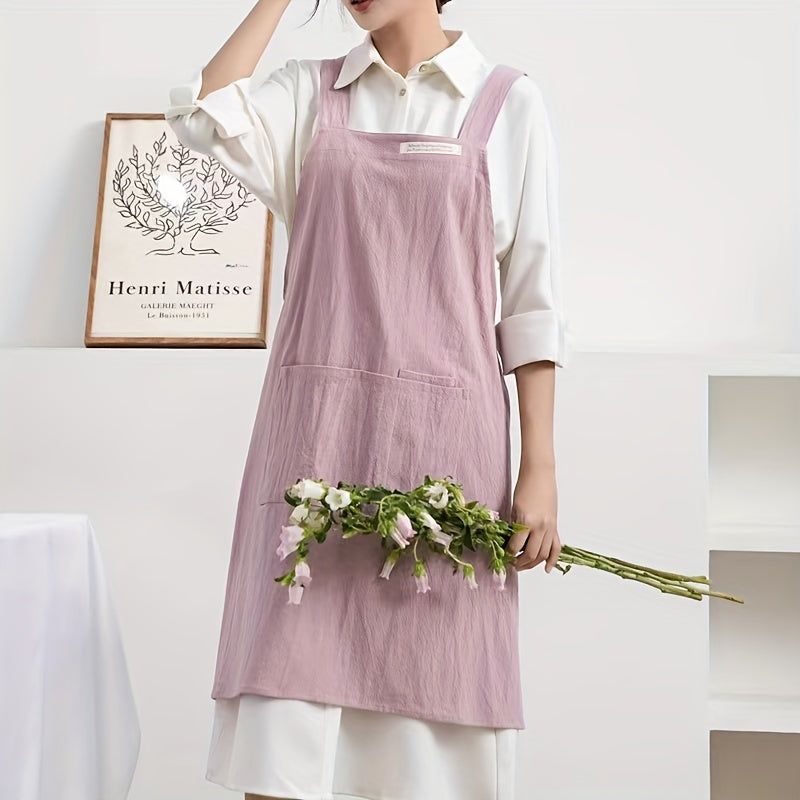 Linen Apron with Cross Straps and Pockets for Gardening Cooking Baking Painting