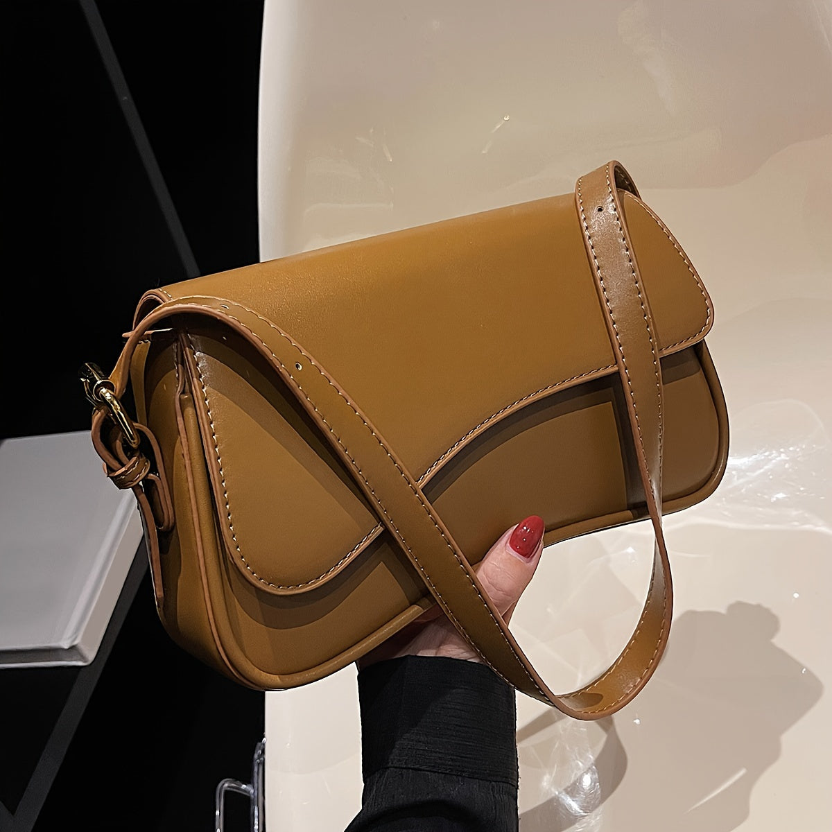 Black Baguette Bag for Women with Adjustable Strap and Gold Hardware