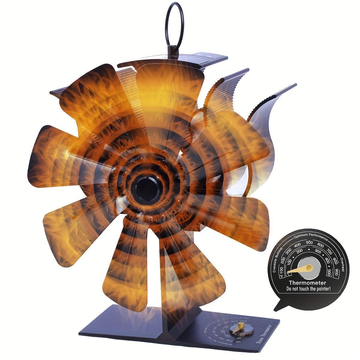 High-Efficiency 8-Blade Fireplace Fan with Built-In Thermometer Black for Wood Stoves