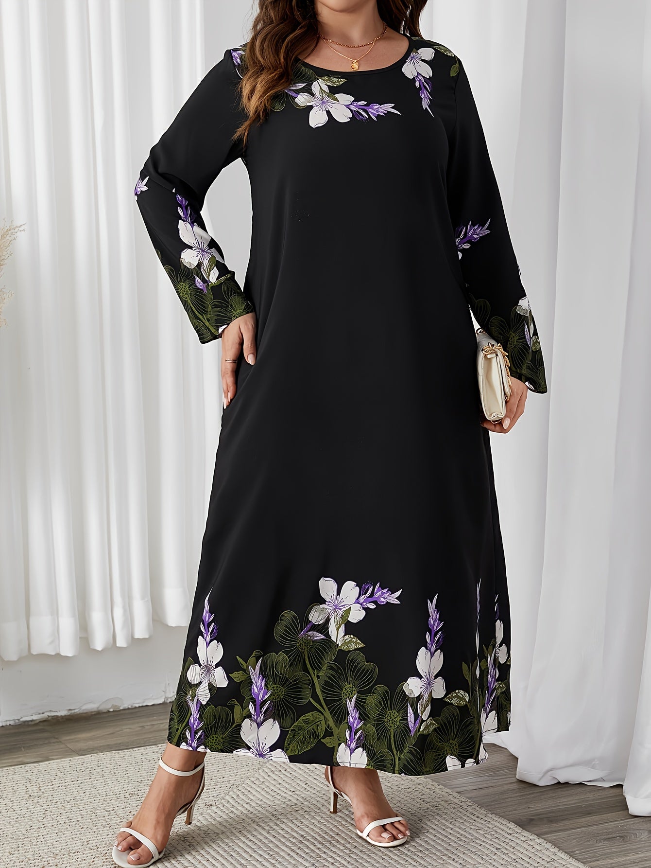 Gul naqshli uzun qo'lqonli, bahor va kuz uchun mukammal, pluss o'lchamdagi ayollar kiyimlari