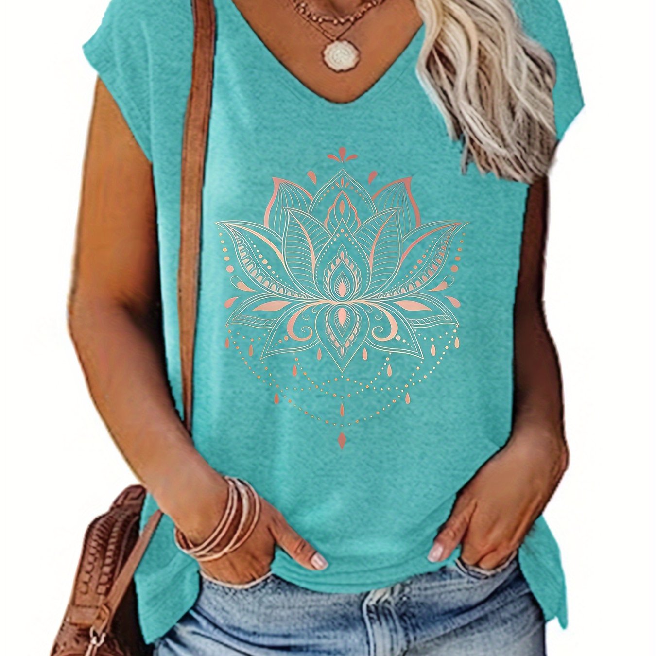 Plus Size Women's V-Neck Floral Print T-Shirt Short Sleeve Summer Top