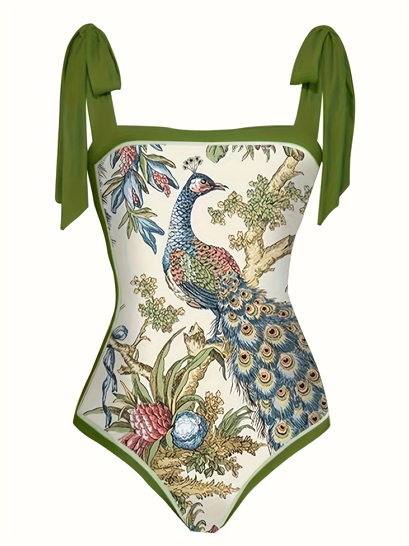 Women's Two-Piece Swimsuit Set with Bird and Floral Print Tummy Control Bathing Suit and Cover-Up Skirt