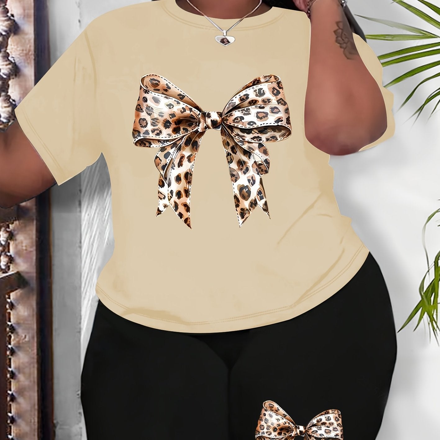 Plus Size Women's Leopard Print Bowknot Casual Sportswear Set