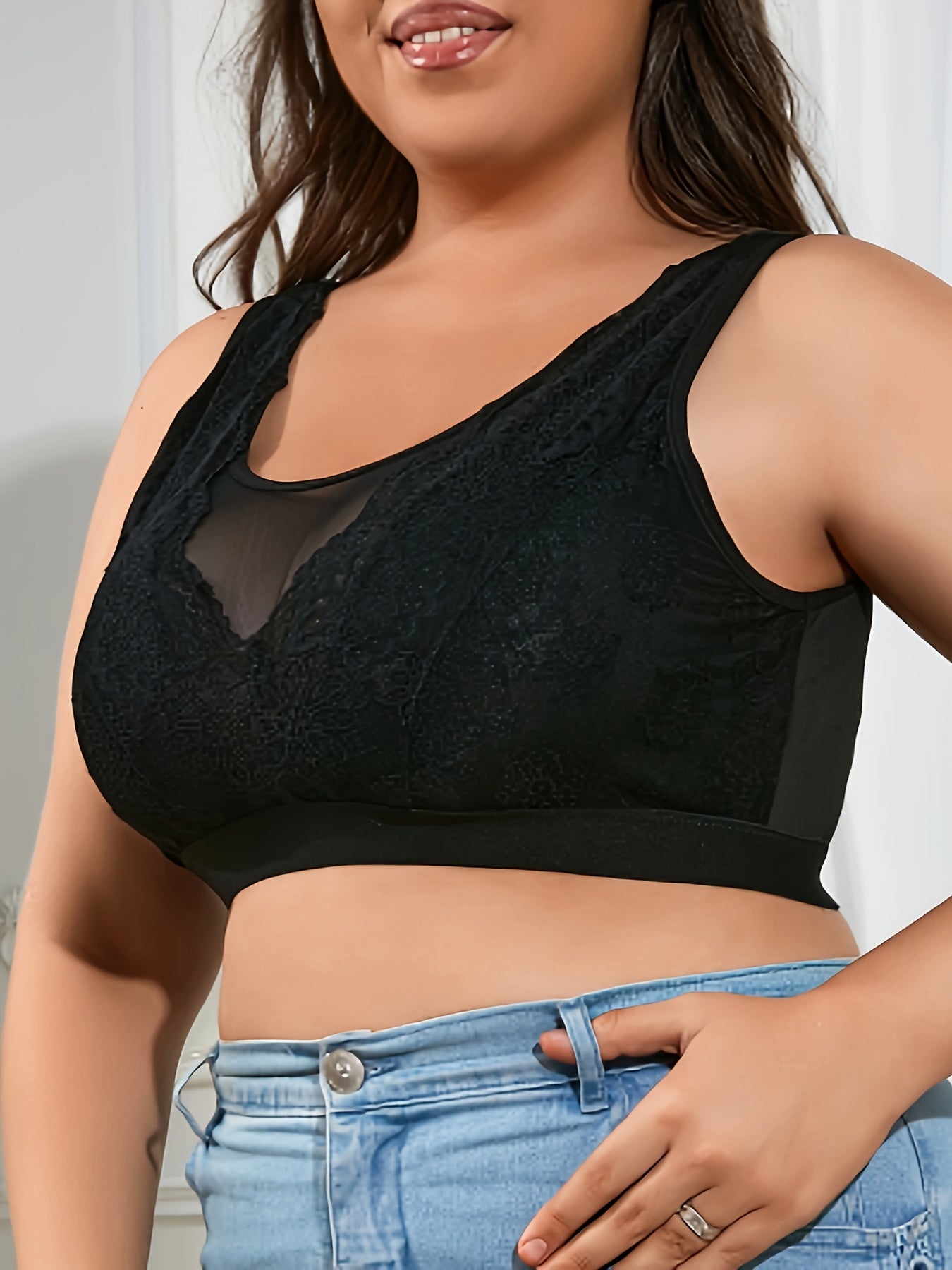 Plus o'lchamli ayollar uchun gul naqshli korsetti mesh yarim shaffof bra