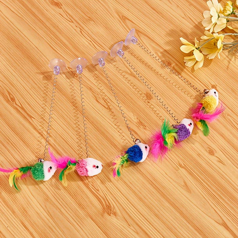 Cat Teaser Toy with Suction Cup Base Elastic Spring and Feathered Fish Attachment for Cats