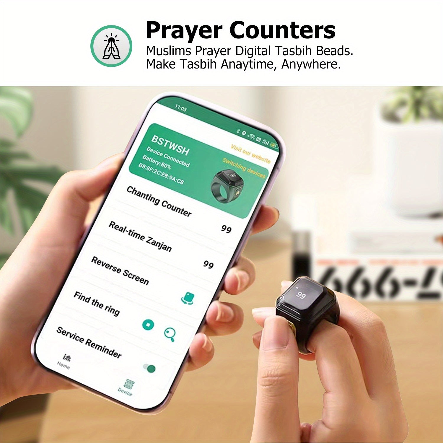 OLED ekranli Aqlli Duoga uzuk, USB bilan quvvatlanadigan, ilova orqali boshqariladigan, zink alloy, uzoq davom etadigan batareya, eslatma ogohlantirishlari, yo'nalish ko'rsatuvchi, hisoblagich, Azon signalizatori, zaryadlash kabeli bilan ta'minlangan &