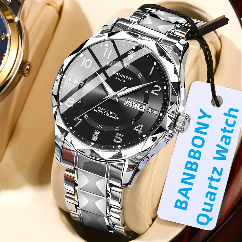 Men's Stainless Steel Quartz Watch with Roman Numeral Dial and Date Calendar