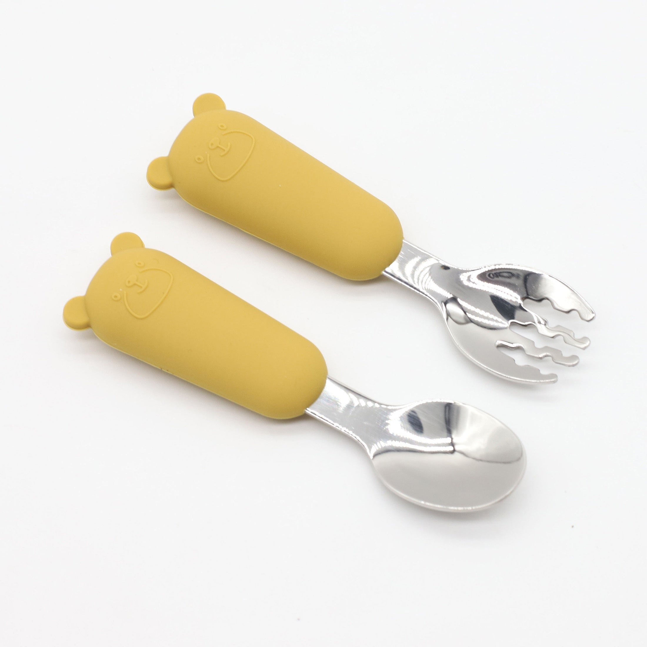 Baby Feeding Utensils Set Silicone and Stainless Steel Bear Shape for Babies Red Blue