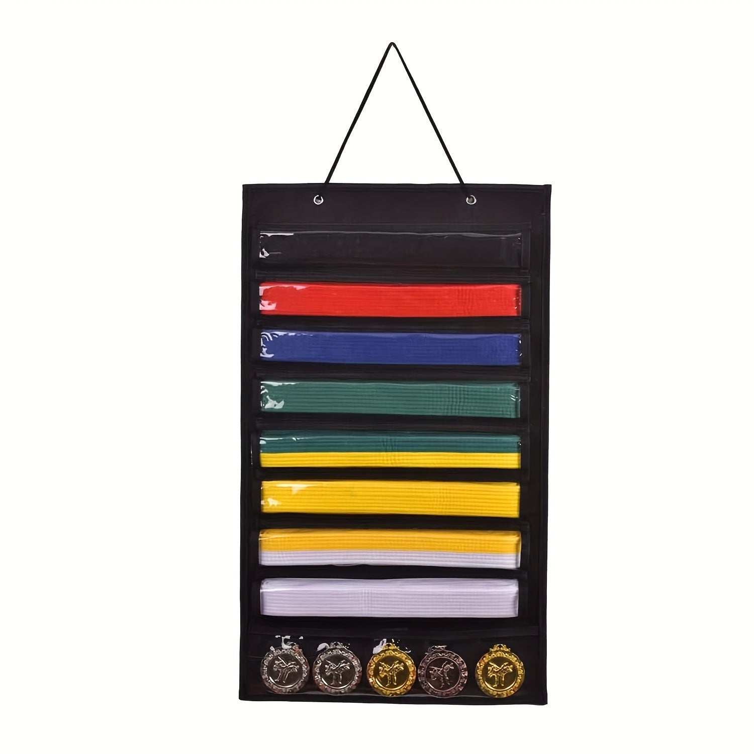 Martial Arts Belt and Medal Organizer Wall Rack with 9 Clear Pockets