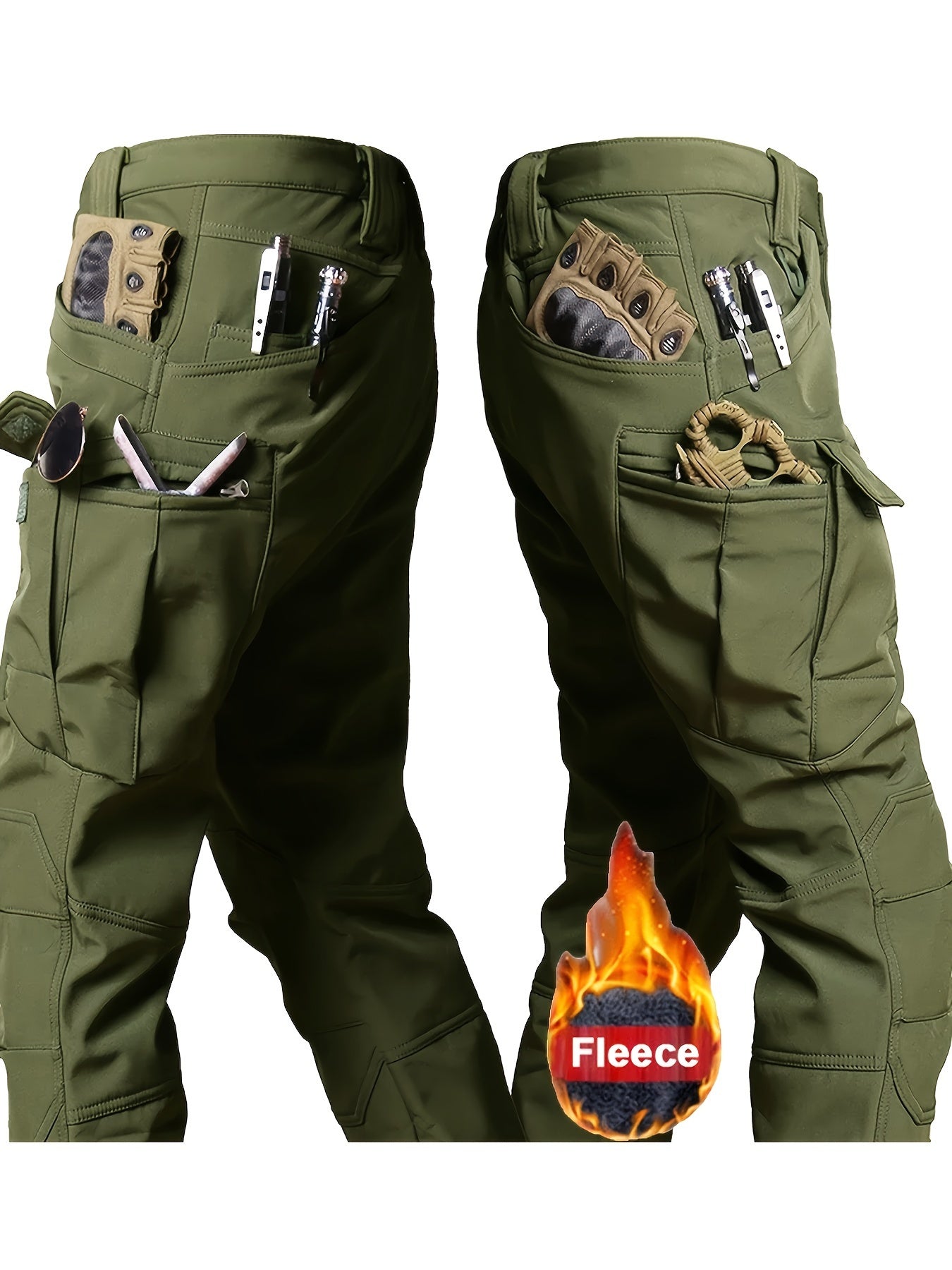 Men's Fleece-Lined Tactical Jacket and Cargo Pants Set for Outdoor Activities in Cold Weather