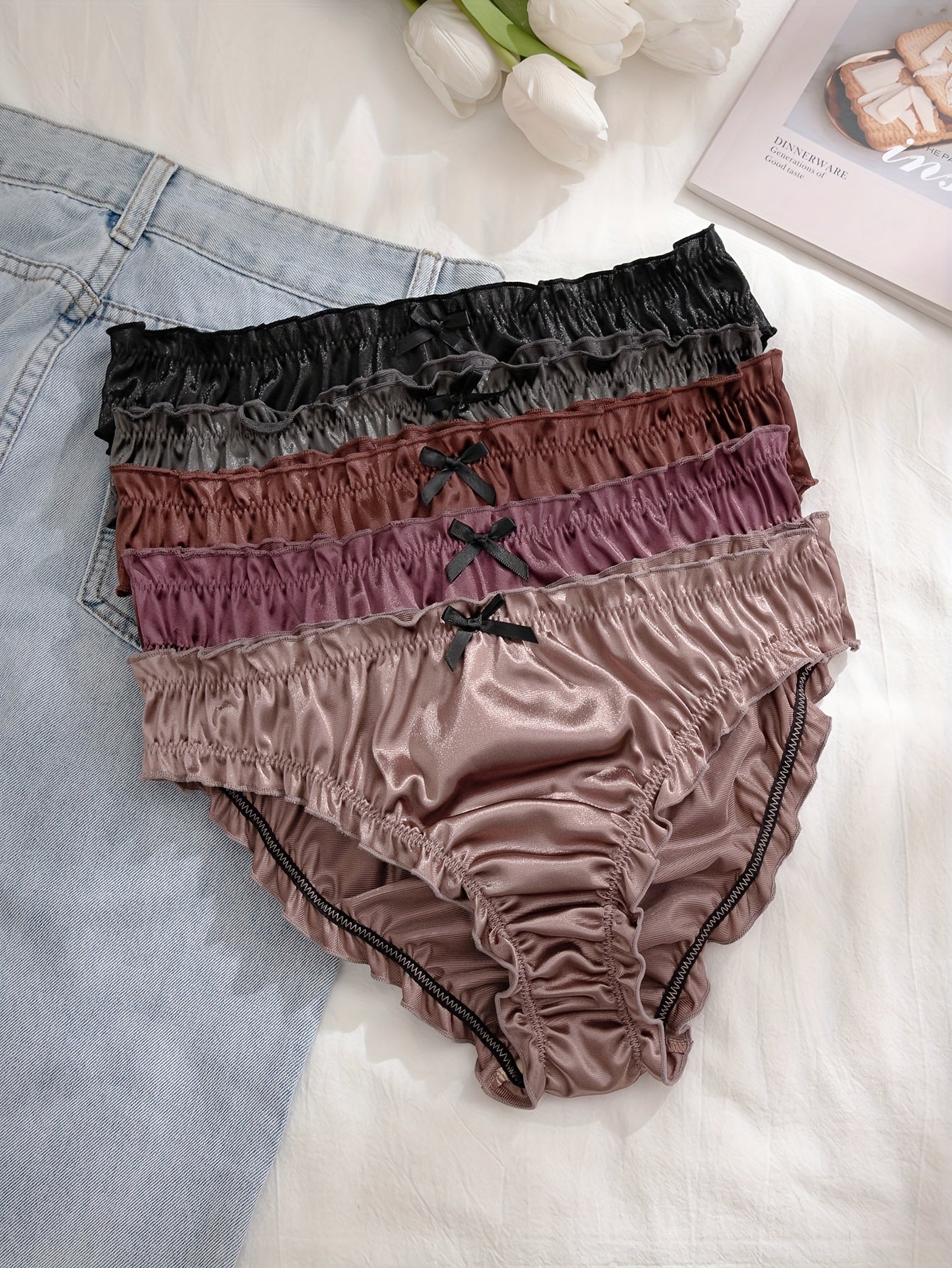 Women's Satin Bow Low Waist Briefs 5 Pack Soft Stretchy Lingerie