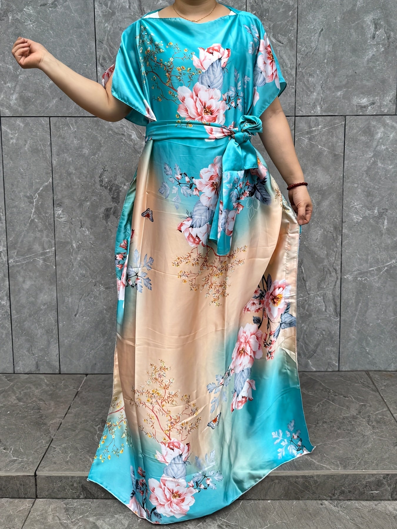Plus Size Floral Print Kaftan Dress with Scarf Longline Loose Fit Summer