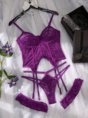 Women's Floral Lace Lingerie Set with Cami Bra Garter Belt and Strappy Thong