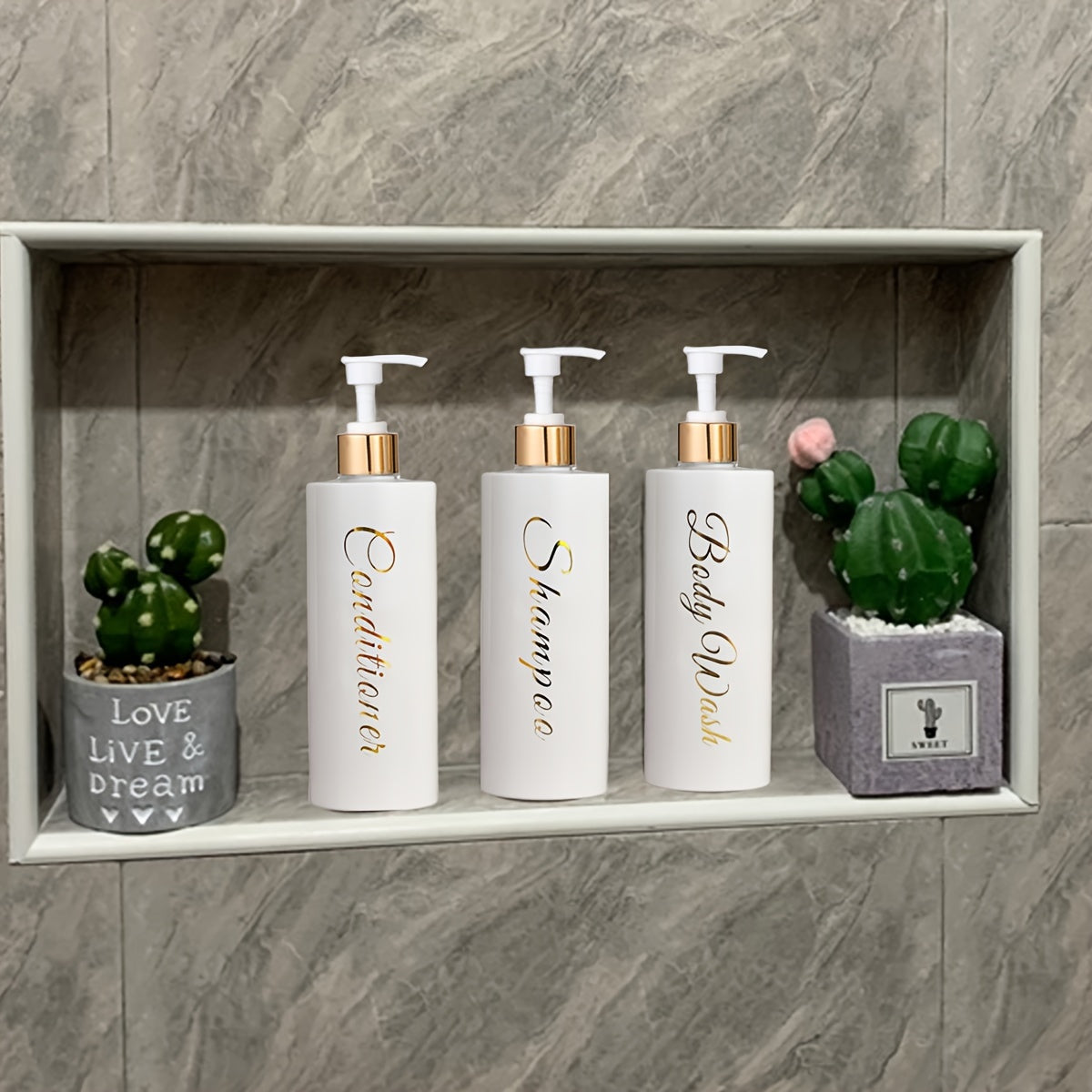 3-Piece 500ml White Plastic Bathroom Dispenser Set with Gold Labels for Shampoo Conditioner Body Wash