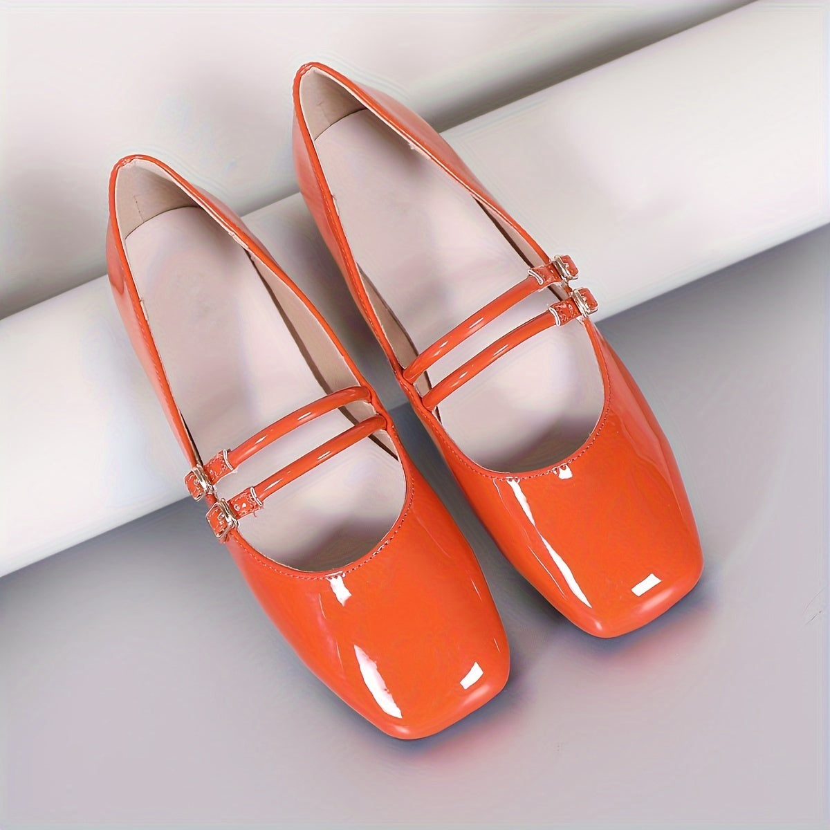 Women's Square Toe Flat Shoes Solid Color Double Buckle Flats