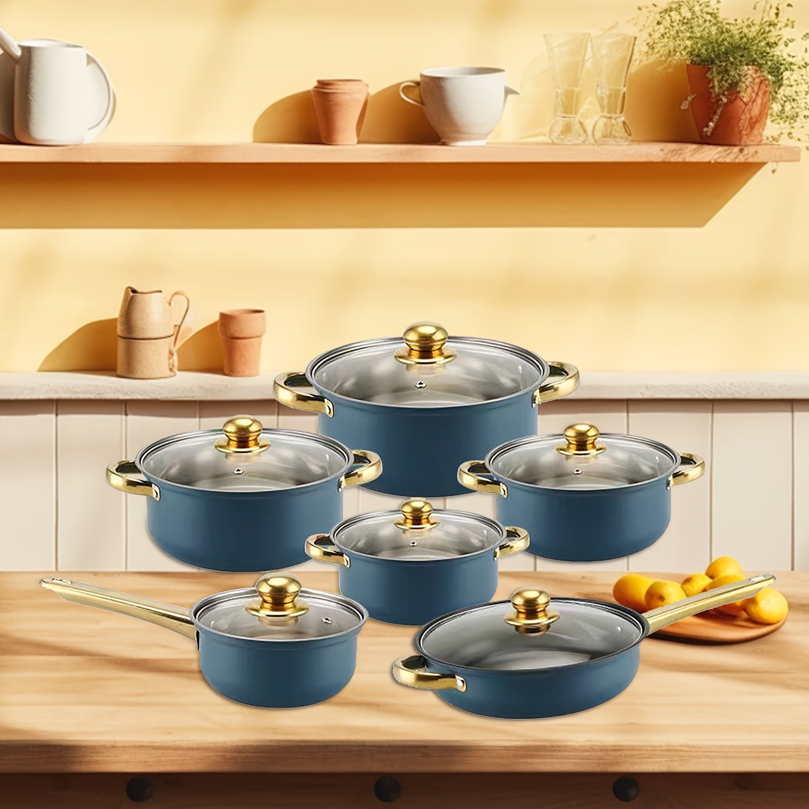 6-Piece Stainless Steel Cookware Set with Blue Lids, Soup Pans, Frying Pans