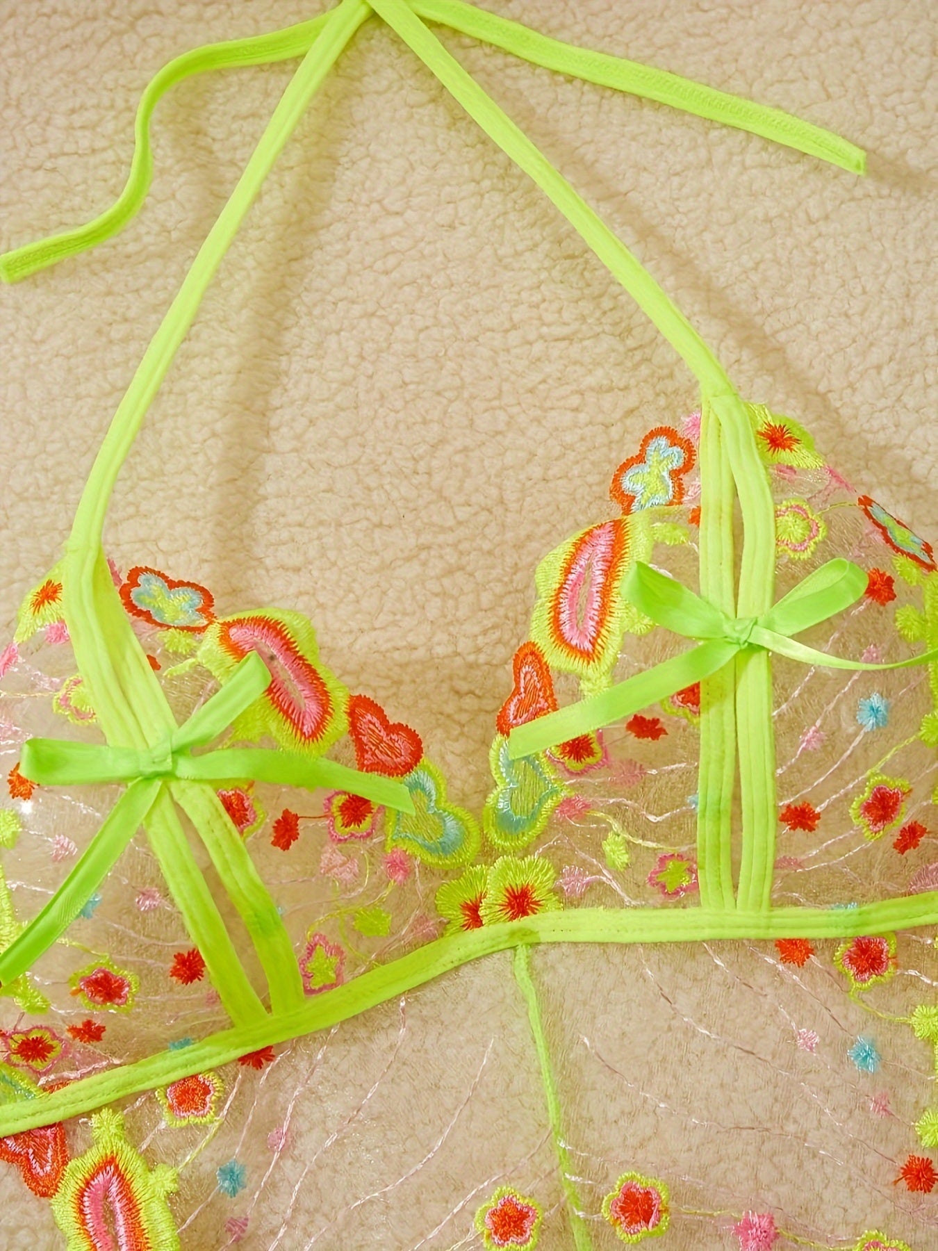 Women's Floral Embroidery Mesh Teddy with Cut Out Halter Backless Lingerie